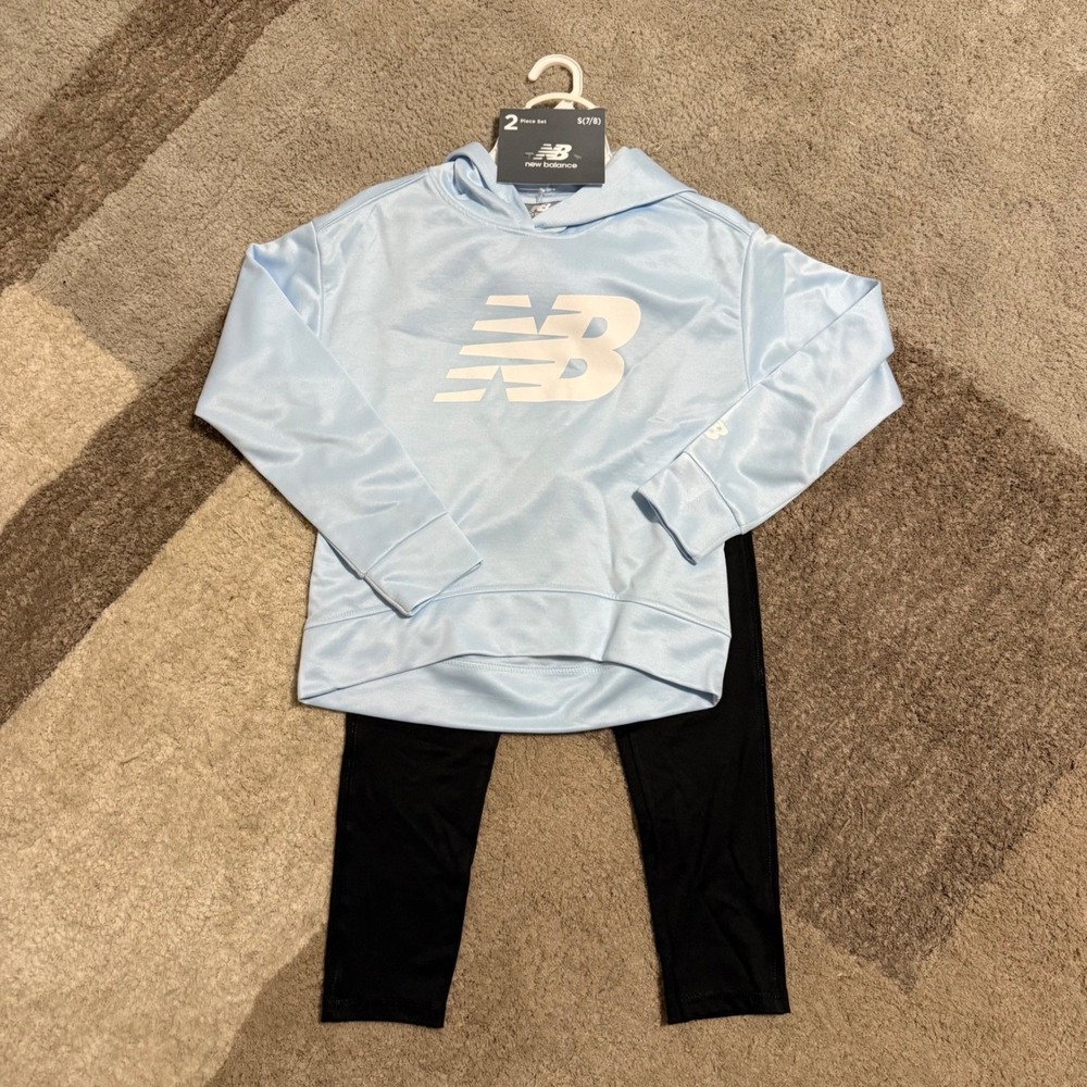 New Balance Kids 2 Piece Set Hoodie and Leggings Quarry Blue Black Size S 7/8